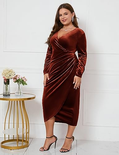 Image of ZOMVA Plus Size Velvet Wrap Dress Ruched Bodycon Dress Long Sleeves Ruffle Long Elegant Party Wedding Guest Cocktail Holiday