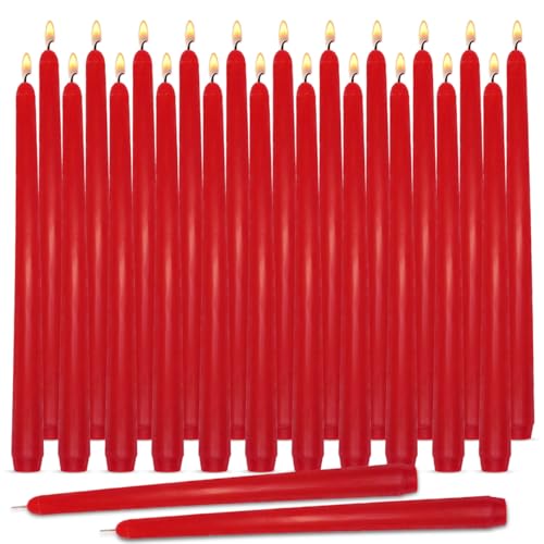 Red Taper Candles, Set of 24 Unscented and Smokeless 10 Inch Taper Candles Long Burning, Paraffin Wax with Cotton Wicks for Burning Approxinately 7-8 Hours Time