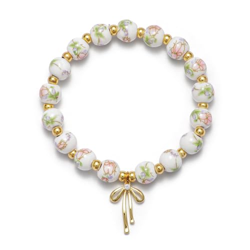 Beads Bow Charm Bracelet for Women Pink Peony Flower Vintage Bracelet Handmade Stretch Strand Beaded Bracelet Pink and White Decor Coquette Aesthetic Dainty Romantic Jewelry Gifts for Her (Pink with Peony)