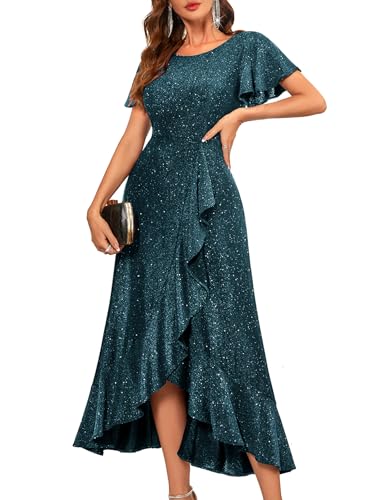 Image of BeryLove Women Sequin Formal Party Dress Flutter Short Sleeve Wedding Cocktail Long Evening Dress