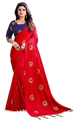 kfgroup Women's Paper Silk Embroidered Saree Indian Ethnic Dresses Wedding Sari with Blouse (Red)
