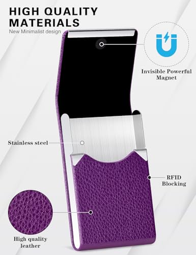 Image of Padike PU Leather Business Card Holder for Women Slim Pocket Business Name Card Holder Stainless Steel Business Card Case with Magnetic Shut (Purple)