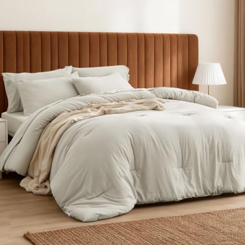 Bedsure King Size Comforter Set, Beige Soft Prewashed Bedding for All Seasons, 7 Pieces Warm Winter Down Alternative Bed Set, Fluffy Bed in a Bag with Sheets, Pillowcases & Shams