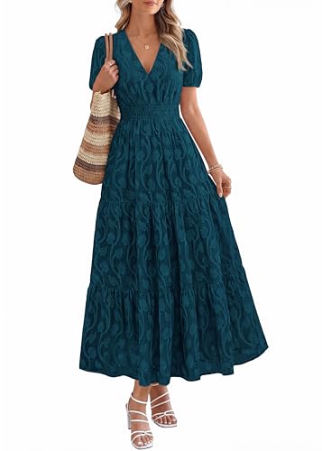 Image of KIRUNDO Summer Dresses for Women 2026 Boho Flowy Casual Short Sleeve V Neck Elastic Waist Floral Long Baby Shower Maxi Dress