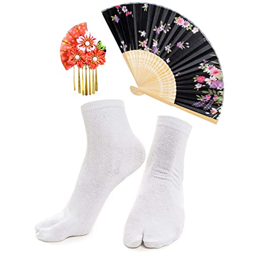 Elibelle Women's Kimono Robe Geisha Yukata Sweet Tuxedo Ruffle Dress Blossom Satin Bathrobe Sleepwear Fans Tabi Socks set