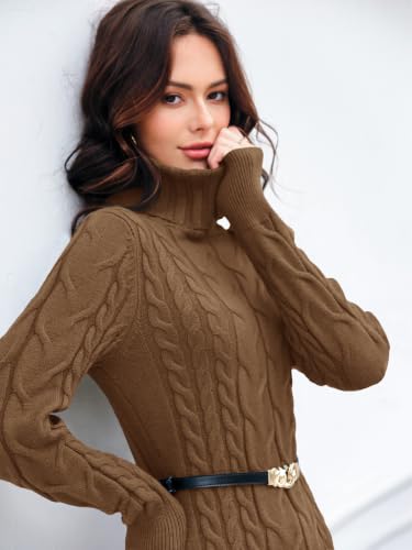 Image of Langwyqu Womens Cable Knit Long Sleeve Turtleneck Bodycon Sweater Dress