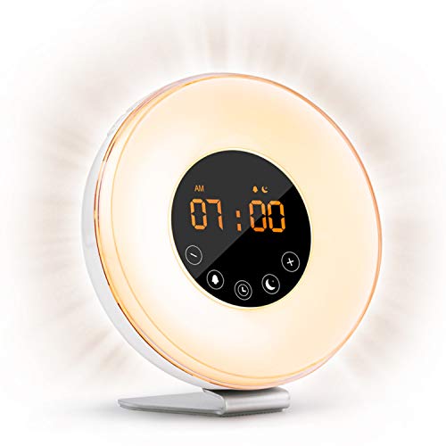 Sunrise Alarm Clock Wake Up Light FM Radio Clock Night Light for Heavy Sleepers & Kids - 7 Adjustable Colors - Sunrise and Sunset Simulation with Touch Control