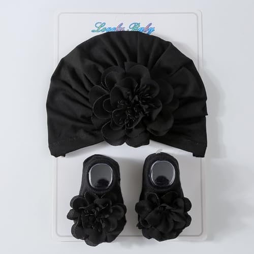 Flower Turban Hat& Socks Set for Baby Unisex Boy Girl Cute Knotted Hat Rubber Soles Socks Newborns Shower Gift Set Light Pink4