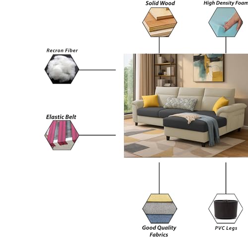 Image of Casaliving Seams RHS 4 Seater L Shape Sofa for Living Room (Cream Black Fabric) Premium Fabric Sofa