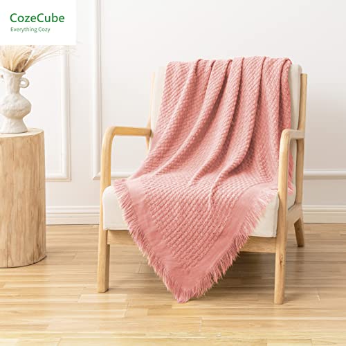 Cozecube Boho Throw Blanket For Couch, Summer Throw Blanket, Basket Weave Waffle Throw Blanket, Farmhouse Lightweight Throw Blanket With Fringe, Blush Pink, 50'' X 60'' #TOP1
