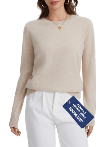 ACUSHLA Women Cashmere Merino Wool Sweaters Long Sleeve Winter Tops,Beige M