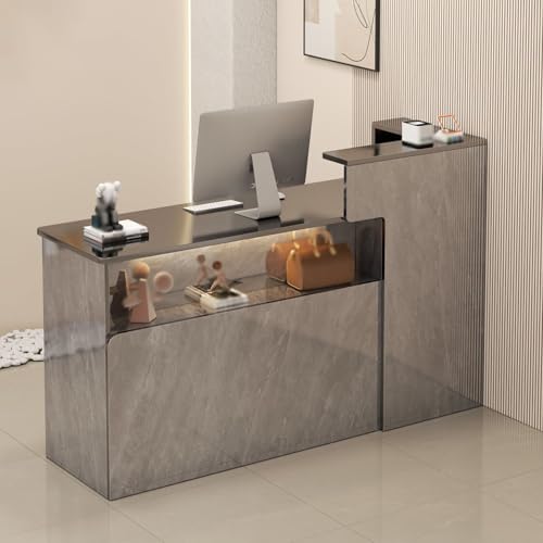 Bureau d'accueil avec comptoir gris idéal pour salon de coiffure