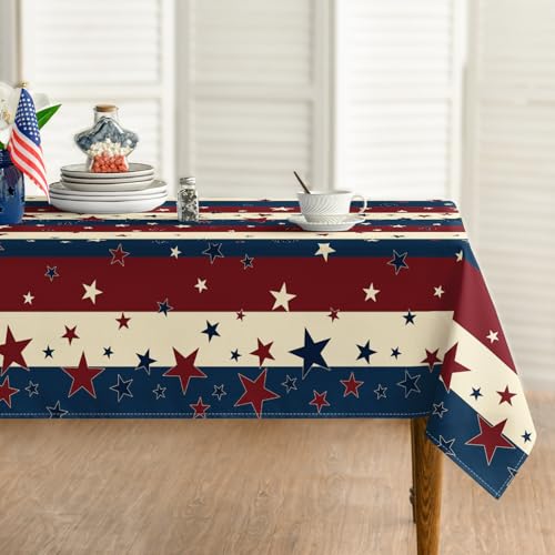 Horaldaily 4th of July Tablecloth 60×84 Inch Rectangular, Blue and Red Star Strips Independence Day Memorial Day Washable Seasonal Table Cover for Party Picnic Dinner Decor
