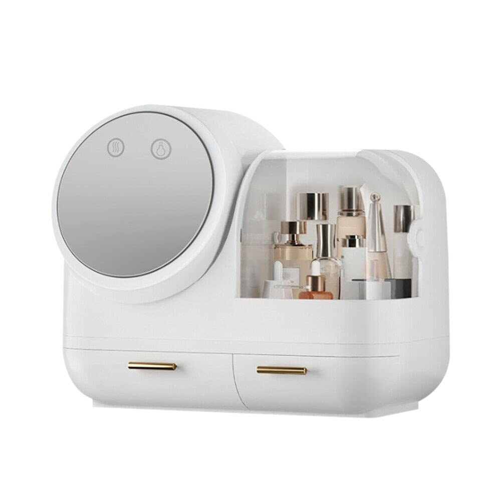 LNINNERY Organizador de maquillaje con luz LED y espejo HD, alta capacidad, carga USB, para cajas de almacenamiento de cosméticos, con tapa protectora transparente contra el polvo, vitrinas, cajones