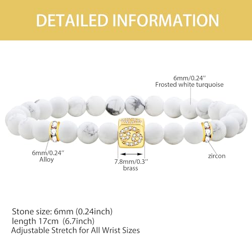 Image of Inlaid Zircon 12 Constellation Adjustable Stretch Bracelet - 6mm Frosted White Turquoise Beaded Bracelets for Women Men SJYA4647