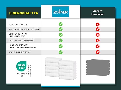 ZOLLNER 10er Set Premium Seiftücher in 30x30 cm - extrem saugstarke und weiche Handtücher in weiß - hochwertiger Saum - waschbar bis 95°C - Baumwolle - Hotelqualität - Oeko Tex® Zertifiziert