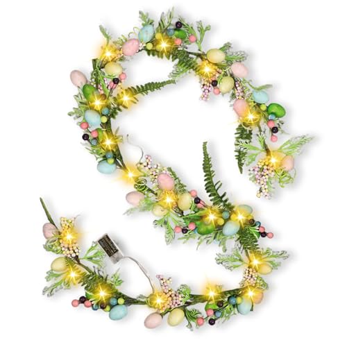 Guirnalda de Pascua con iluminación, 1,8 m, 20 LED, decoración de Pascua, guirnalda de abeto artificial con huevos de Pascua y flores, guirnalda decorativa para colgar para interior y exterior,