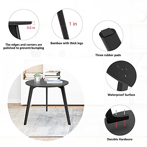 Bamboo Round End Tables Living Room Set Of 2, Modern Bed Side Table, Coffee Table Set, Nesting Tables For Living Room/Office/Balcony/Outdoor, Bamboo Detachable Tray, Easy Assembly, Black #TOP4