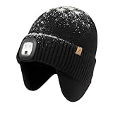 TOP-EX DryKnit Waterproof LED Beanie Hat with Ear Flaps – 50% Merino Wool, Fleece Lined, USB Rechargeable Lighted Cap for Men, Winter Gifts for Dad, Outdoor Work, Black XL/XXL