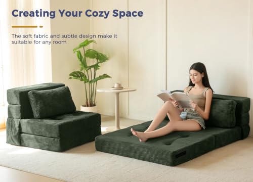Image of MAXYOYO Convertible Sofa Bed, Fold Out Sofa Couch with Pillow for Adults | Loveseat Sofa 4 in 1 Tufted Folding Couch Bed Foam Floor Couch, Lazy Chair for Living Room Bedroom Guest Room, Dark Green