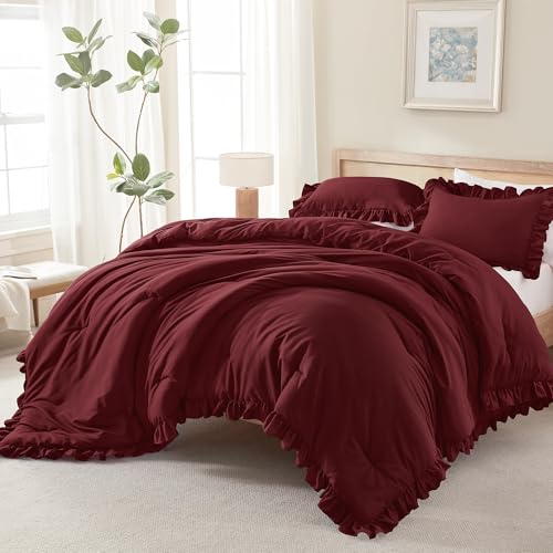 Andency Burgundy Comforter Set Queen Size 3 Pieces Shabby Chic Ruffle Bedding Comforter Sets for Queen Bed Lightweight Fluffy Soft Polyester Farmhouse Comforter Set
