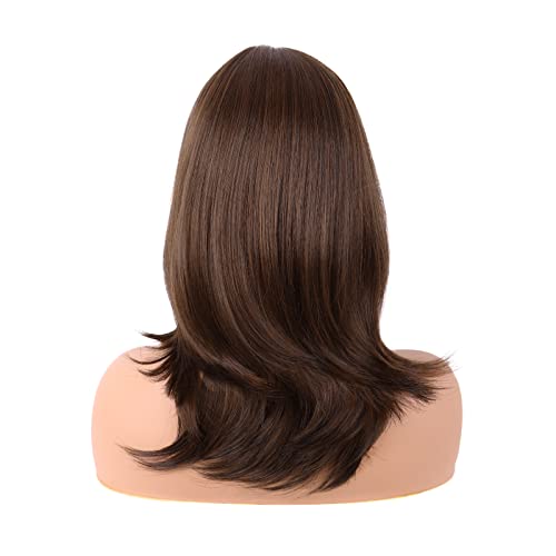MapofBeauty 18 Inch/45 cm Layered Bangs Straight Synthetic Fiber Shoulder Length Hair Daily Use Wig (Brown) - Image 4