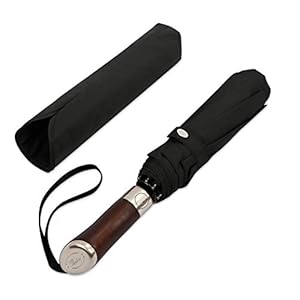 (Designed in UK) Travel Umbrella Luxurious Golden Hardwood Handle Auto Open & Close Windproof Frame Single Canopy Automatic Folding Umbrella Men’s & Ladies