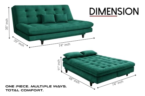 Image of 3-Seater Velvet Sofa Cum Bed | Tufted Convertible Sleeper Sofa | Plush Cushioned Seating | Space-Saving Design for Living Room, Bedroom & Office | Green