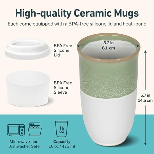 Image of NOVA CERAMICS Travel Mug - Tea Tumbler- Microwave & Dishwasher Safe Coffee Mug Green & White Tumbler - Gifts For Women Men Him Her - 16oz - Sage Green
