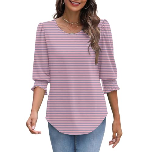 Striped Print Blouses for Women Dressy Casual 3/4 Length Sleeve Womens Tops with Smocked Cuffs Fall Clothes Pink