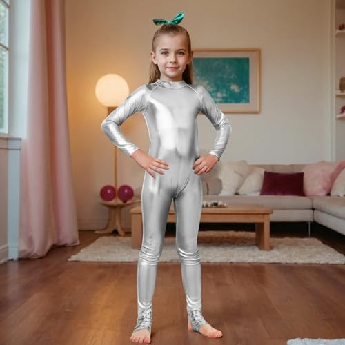 YgneeDom Girls Shiny Metallic Long Sleeve Unitard Spandex One Piece Wet Look Kid Bodysuit (Silver, M)