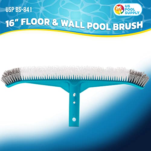 U.s. Pool Supply Professional 16" Floor & Wall Pool Brush With Nylon Bristles, Curved Ends, Ez Clip Handle - Cleaning Removing Sweeping Leaves & Debris From Walls, Floors, Steps - Pool Maintenance #TOP1