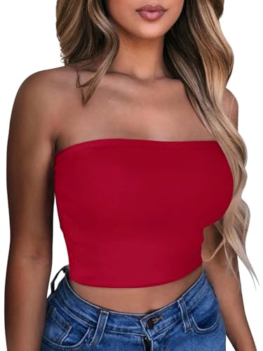 Summer Tube Tops Basic Crop Tops for Women Strapless Bandeau Shirts,Red,L