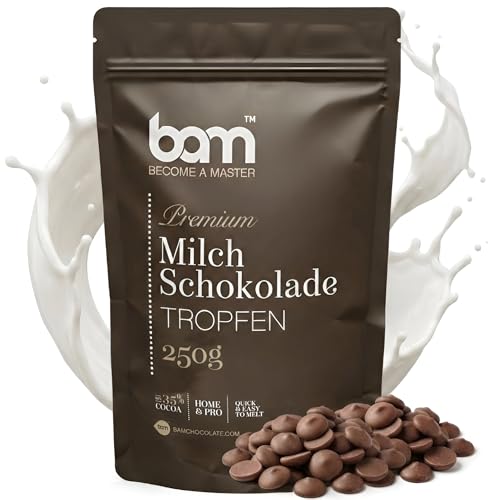 BAM Belgische Schokolade Vollmilch Premium Kuvertüre Schokolade | Ideal als Schokolade für Fondue Schokobrunnen & Patisserie | Zartschmelzende Schokodrops zum Backen & Schmelzen - 250 g