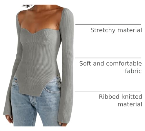 Image of Women's Square Neck Ribbed Knitted Sweater Long Sleeve Crop Slim Fitted Basic Pullover Tops