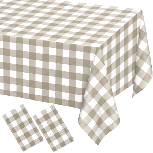 Image of WNINK 2 Pack Brown Checkered Rectangular Plastic Tablecloths, Brown and White Gingham Waterproof Disposable Table Covers 54 inch x 108 inch for Birthday, Baby Shower, Wedding, Outdoor Picnic Parties