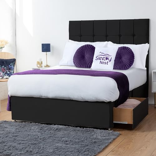 Image of Sleepy Nest Ferryhill Divan Bed with 26" Square Panel Headboard | Plush Velvet Frame with Orthopedic Mattress | Multiple Drawer Storage Options(Black,4FT6 Double 4 Drawers)