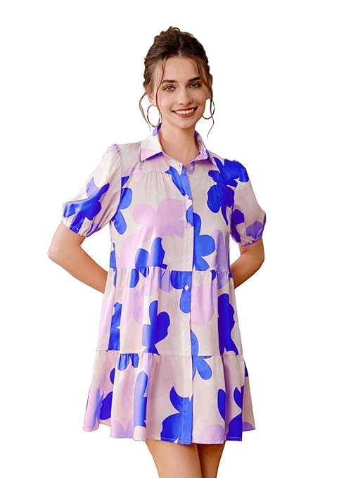 Image of Women's Fit and Flared Shirt Midi Dress with Collar Neck & Short Sleeves - Rayon Casual Dress