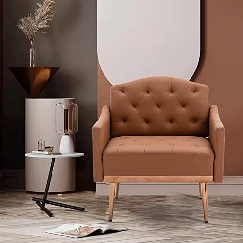 Olela Faux Leather Accent Chair with Arms for Living Room, Modern Tufted Single Sofa Armchair with Gold Metal Legs Upholstered Reading Chair for Bedroom Office Decorative (Brown - Leather) - Image 2