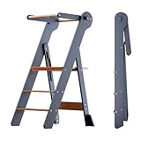COSYLAND Torre Montessoriana Pieghevole – Torre montessoriana bambini con 2 altezze regolabili - Torretta montessoriana per stare in piedi o sedut i - Sedia montessoriana per bambini(Grigio&Naturale)