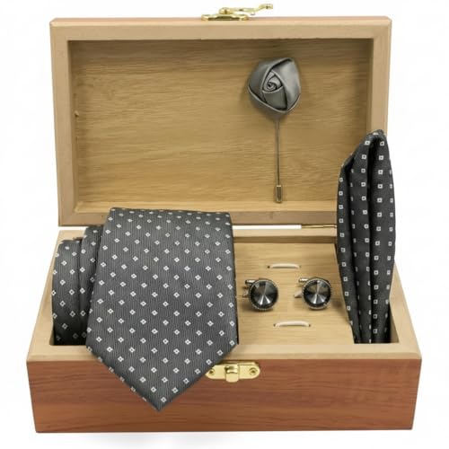Image of Men's Necktie Gift Set with Wooden Box | Premium Tie, Pocket Square, Cufflinks & Lapel Pin | Elegant Formal Accessories Gift for Men