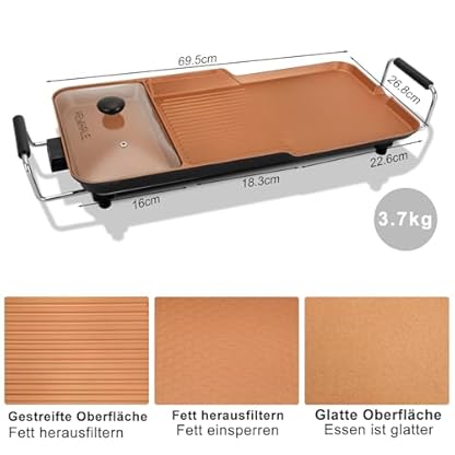 AEWHALE 3-in-1 Tischgrill Elektrisch,2000W Teppanyaki Grillplatte mit Antihaftbeschichtung für 4-6 Personen – Bild 3