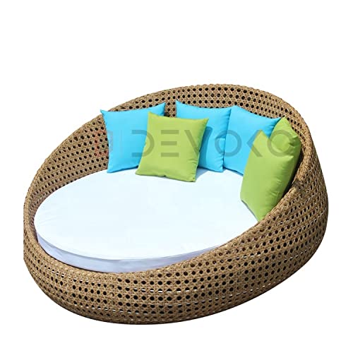 Image of DEVOKO Outdoor Double Seater Wicker Patio Weatherproof Daybed with Water-Resistant Cushions Furniture for Poolside,Garden,Balcony,Terrace(Honey Wicker & White Cushion)