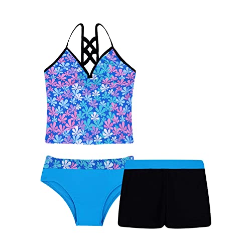 Image of ranrann Girls 3 PCS Floral Printed Tops with with Bottoms Shorts Set Swimwear Swimsuit Bathing Suit