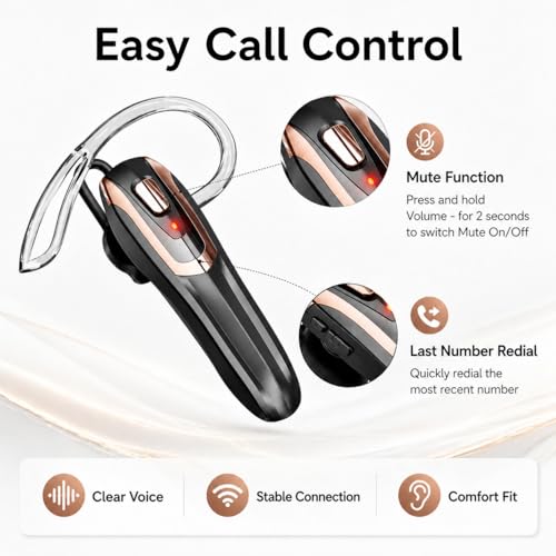 Image of Bluetooth Earpiece Headset V6.0 with Noise Cancelling & 38 Hours Talk Time - Trucker Handsfree Earpiece, Dual Device Pairing, Single Ear Wireless Headphone for Cell Phone (Black with gold frame)