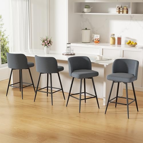 Image of Swivel Bar Stools Set of 6, 26 inch Counter Height Bar Stools with High Back and Metal Legs, Fabric Bar Chairs, Modern Barstools for Kitchen Island, Light Grey