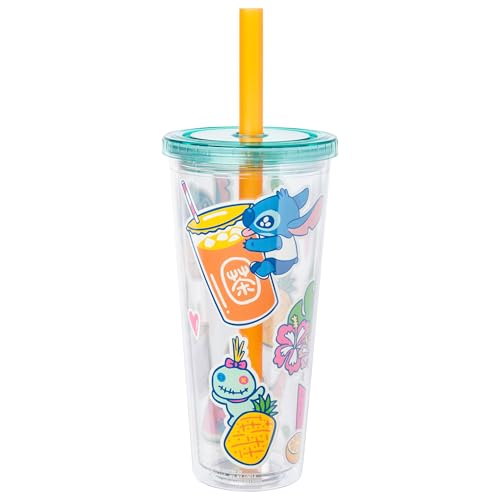 Image of Silver Buffalo Disney Lilo and Stitch Cute Decals Featuring Scrump Plastic Boba Tumbler with Lid and Straw, 24 Ounces