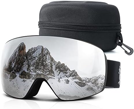 Super Penguin Ski Goggles for Men Women - Snowboard Goggles with Double Spherical Magnetic Interchangeable Lens - OTG Design Snow Goggles Anti-fog UV Protection, VLT 5% Silver Lens Black Frame
