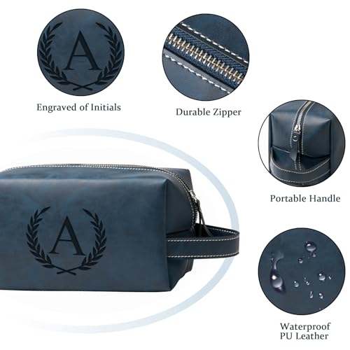 Aganmi Personalized Travel Toiletry Bag for Men Initial Letter PU Leather Waterproof Shaving Bag for Toiletries Accessories Travel Essentials Storage Bags Fathers Day Birthday Gifts for Men, Dark Blue by Aganmi - Image 4