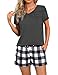 Marvmys Schlafanzug Damen Kurz Baumwolle Pyjama Set Sommer Nachtwäsche T Shirt V Ausschnitt Karierte Shorts